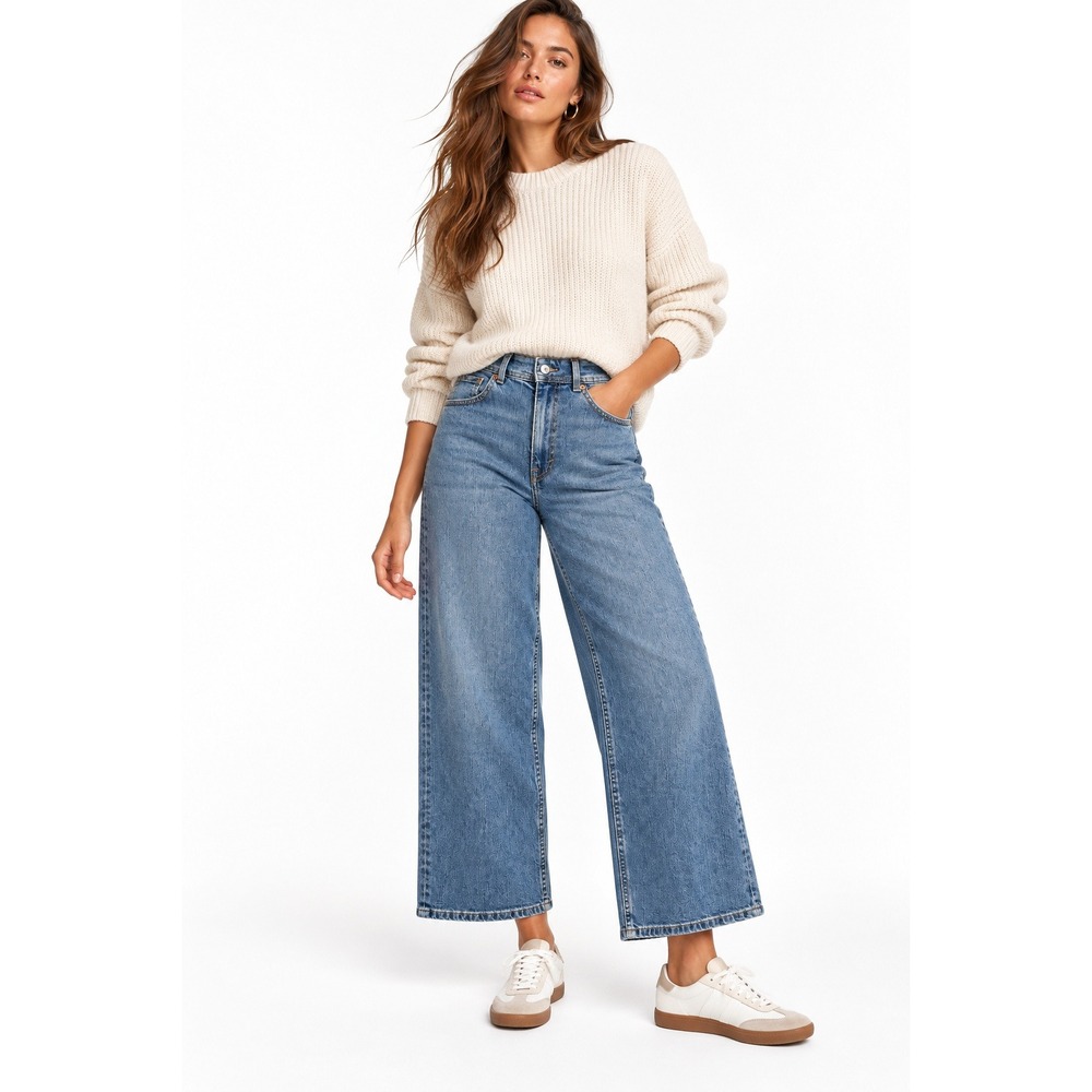 H&M Wide High Waist Cropped Jeans Blue Denim Size 6 NEW